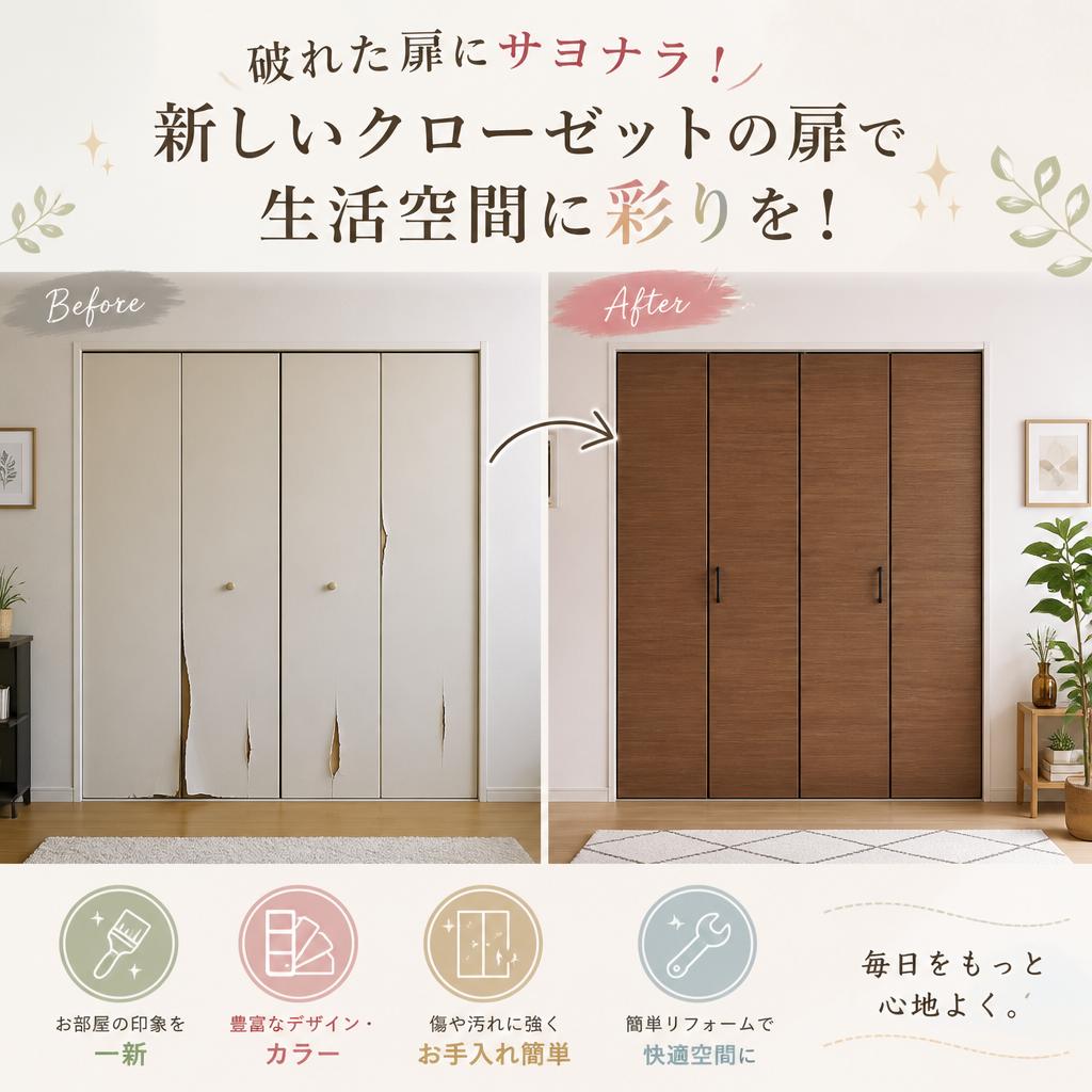 破れた扉にサヨナラ！新しいクローゼットの扉で生活空間に彩りを！